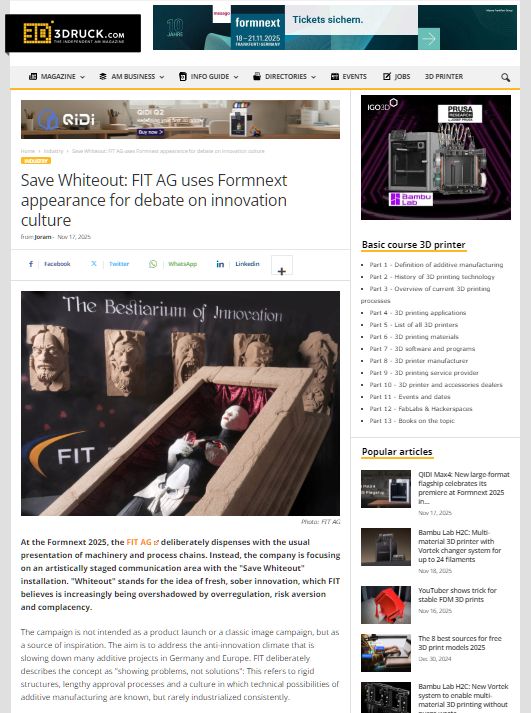 3druck.com: Save Whiteout: FIT AG uses Formnext appearance for debate on innovation culture