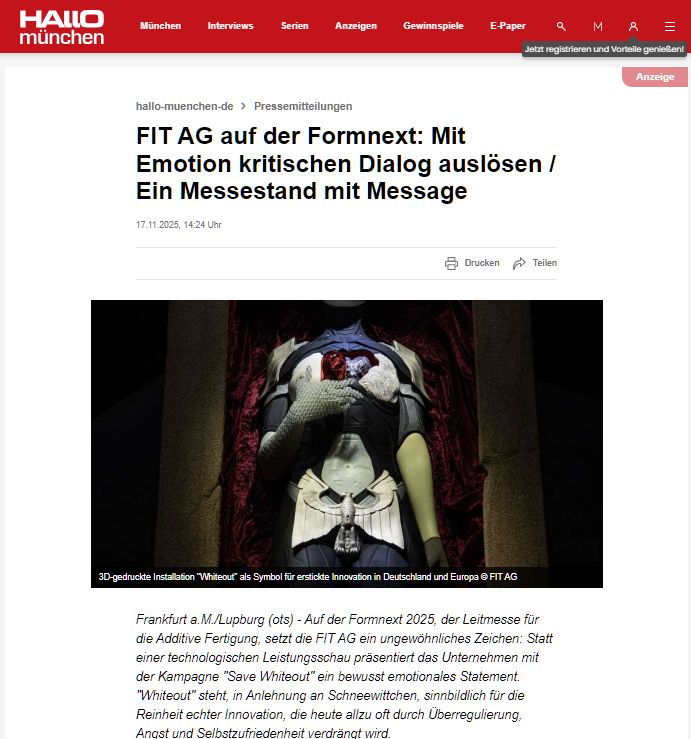 hallo-muenchen.de: FIT AG auf der Formnext: Mit Emotion kritischen Dialog auslösen / Ein Messestand mit Message