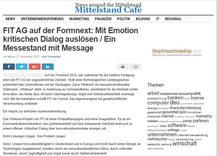 mittelstandcafe.de: FIT AG auf der Formnext: Mit Emotion kritischen Dialog auslösen / Ein Messestand mit Message