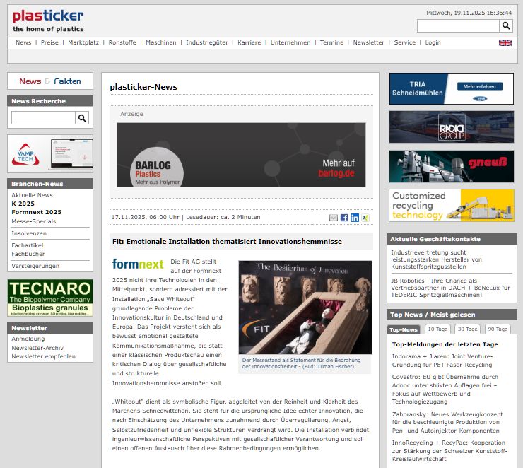 plasticker.de: Fit: Emotionale Installation thematisiert Innovationshemmnisse